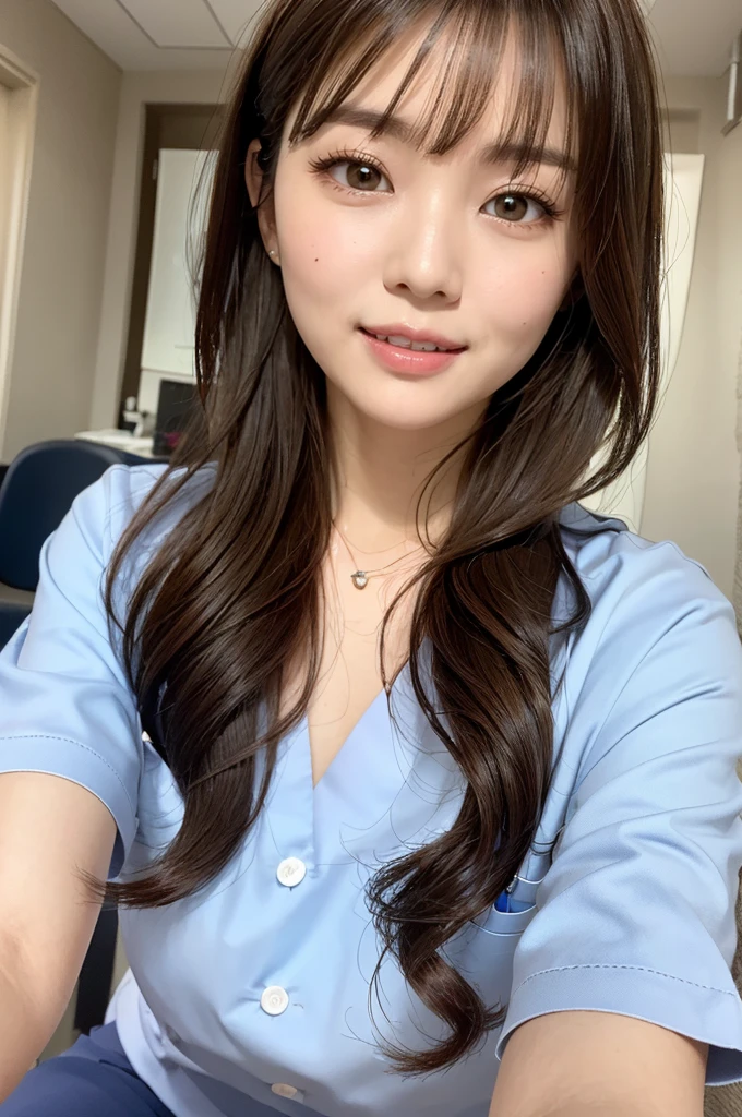 POV, (masterpiece:1.3), high resolution, ultra detailed, extremely detailed CG unity 8k wallpaper, realistic, photo-realistic, RAW photo, beautiful detailed face, pale skin, realistic skin, detailed cloth texture, detailed hair texture, Perfect proportion, Beautiful Face, accurate, Anatomically correct, Highly detailed face and skin texture, natural neck length, (beautiful hands), (fair skin:1.2), Thin legs, Thin feet,
BREAK
Detailed eyes, symmetrical eyes, Light Brown eyes, Double eyelids, Thin eyebrows, (Glossy lips:1.4), (Goddess smile:1.2),
BREAK
(A Classy and Cute girl:1.3), (Wearing a Elegant Medical office staff uniform:1.2),
(medium large breasts:1.2), (slender figure),
(Dark brown hair, wavy hair), ((Medium long hair, asymmetrical bangs:1.2)), (Cowboy shot:1.2), (looking at viewer:1.2), From front,
BREAK
((naughty face:1.37)), (Japanese hospital bed:1.2),