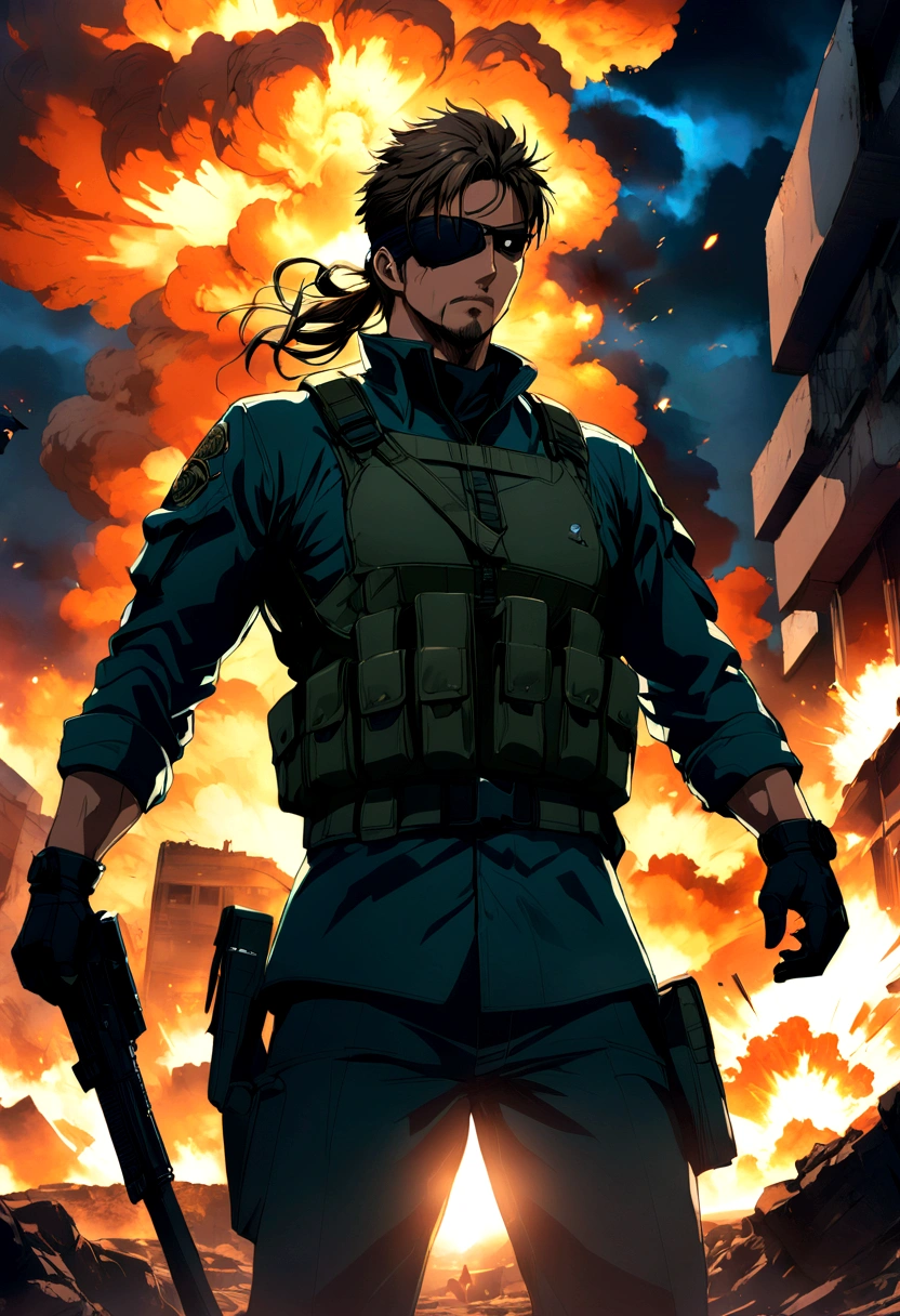 source_anime, 1boy, named "Snake", soldier, "Metal Gear Solid", covered eyes, one eye patch, weapon, explosion, solo, male focus, anime screenshot, source_anime, dramatic composition, cinematic dynamic action scene, vibrant colors, cinematic lighting, dramatic lighting, best quality, masterpiece, very aesthetic, perfect composition, intricate details, ultra-detailed