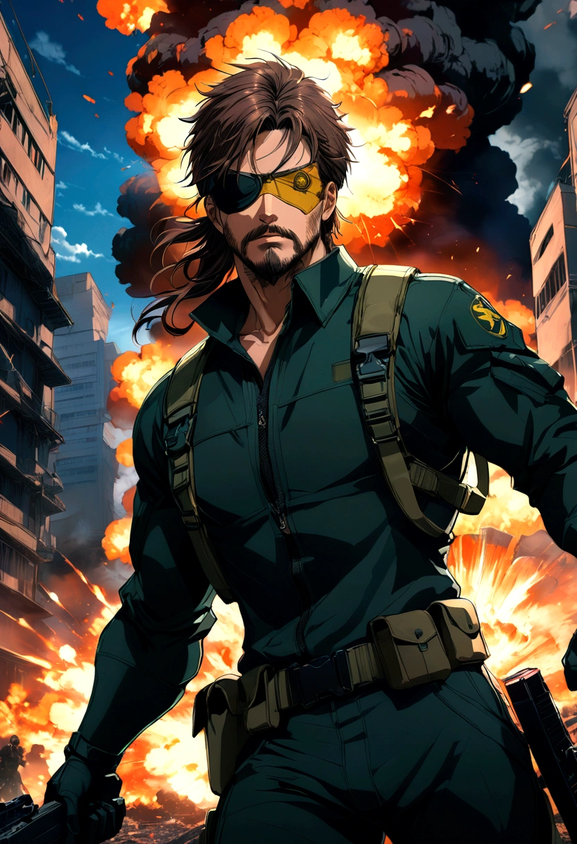 source_anime, 1boy, named "Snake", soldier, "Metal Gear Solid", covered eyes, one eye patch, weapon, explosion, solo, male focus, anime screenshot, source_anime, dramatic composition, cinematic dynamic action scene, vibrant colors, cinematic lighting, dramatic lighting, best quality, masterpiece, very aesthetic, perfect composition, intricate details, ultra-detailed