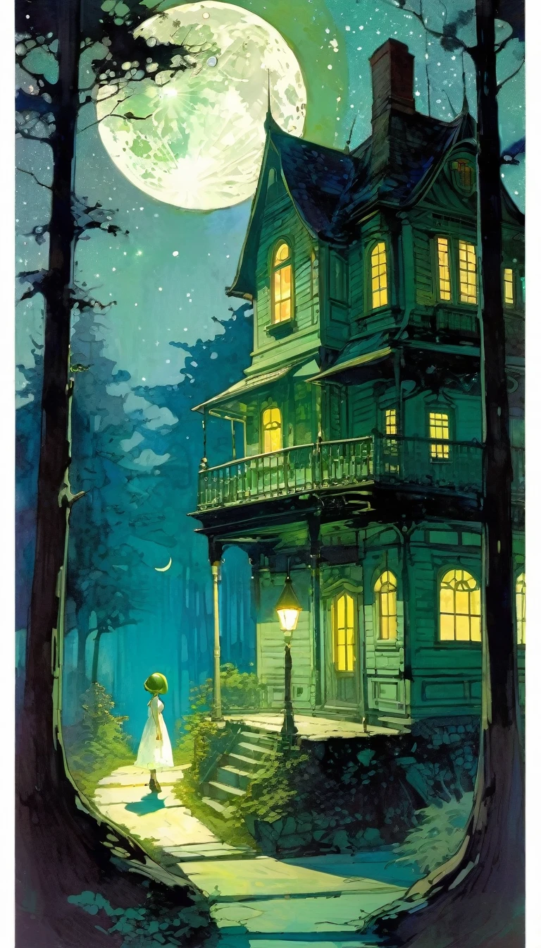 {green and white theme, fantasy world}, 1 girl, alone, alone, white lace dress, looking back, walking in the forest, house, tree, street lamp, moon, starry sky, bright, star\(symbol\ ), pixie, pixiv art, masterpiece, best quality, ultra detailed, whitetown (art inspired by Bill Sienkiewicz). oil painting)
