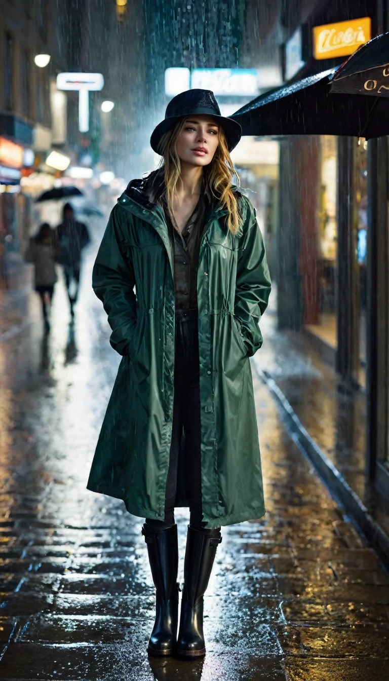 "A young woman is on the city street at night, with a wet environment and elegant rain. She is dressed in comfortable clothes and a jacket, with a hat and a pair of boots. The rain is falling gently, creating a of shadow and light over the city. Cars pass through the street, with lights flashing and headlights shining. Shops are open, with lights shining and windows full of products. The atmosphere is one of movement and life, with a touch. of romanticism and magic."