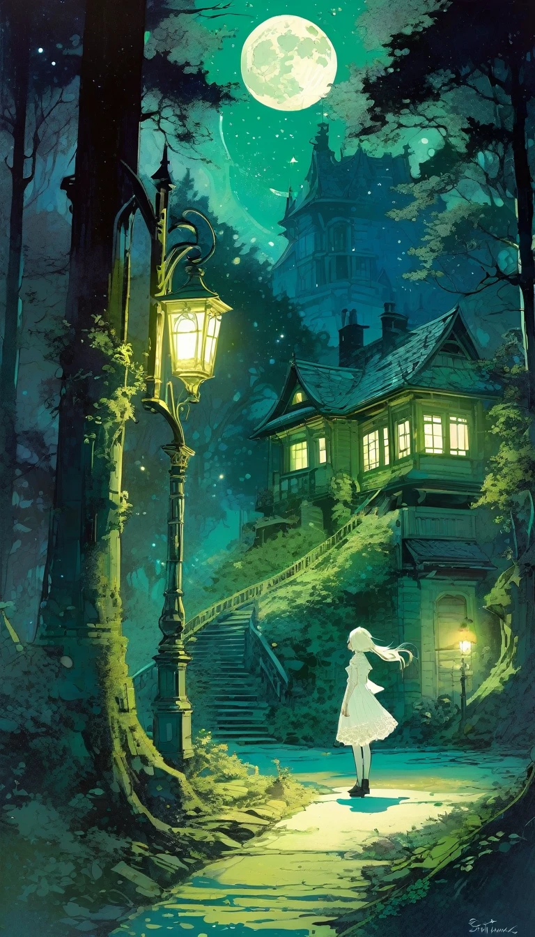 {green and white theme, fantasy world}, 1 girl, alone, alone, white lace dress, looking back, walking in the forest, house, tree, street lamp, moon, starry sky, bright, star\(symbol\ ), pixie, pixiv art, masterpiece, best quality, ultra detailed, whitetown (art inspired by Bill Sienkiewicz). oil painting)
