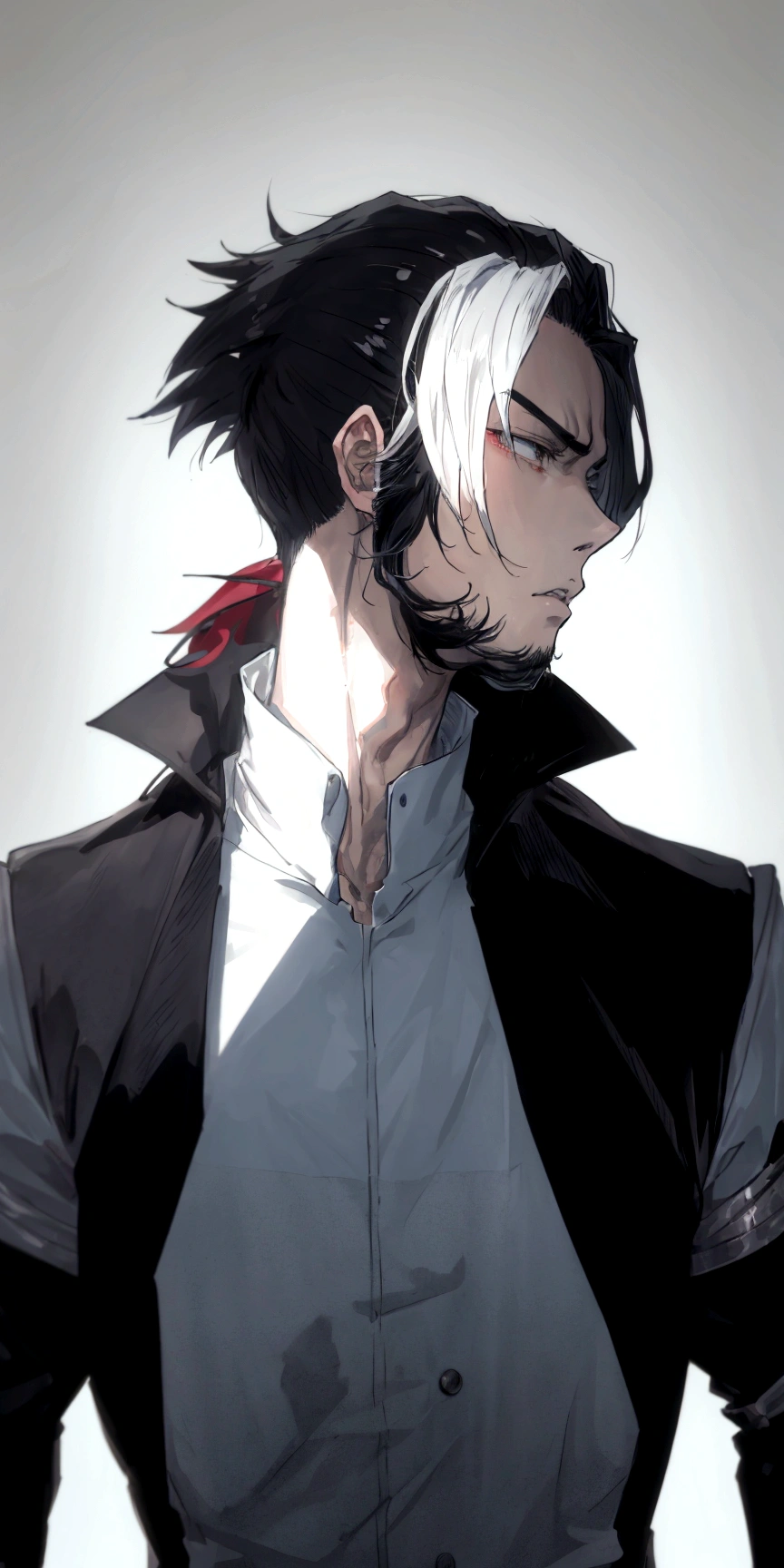 anime guy with white and black hair, black jacket looking forward, anime handsome man, male anime style, trigger anime art style, anime portrait of a handsome man, kentaro miura art style, very modern anime style , manga art style kentaro miura, kazuma kaneko, male anime character, anime style”, anime style character, 2d anime style