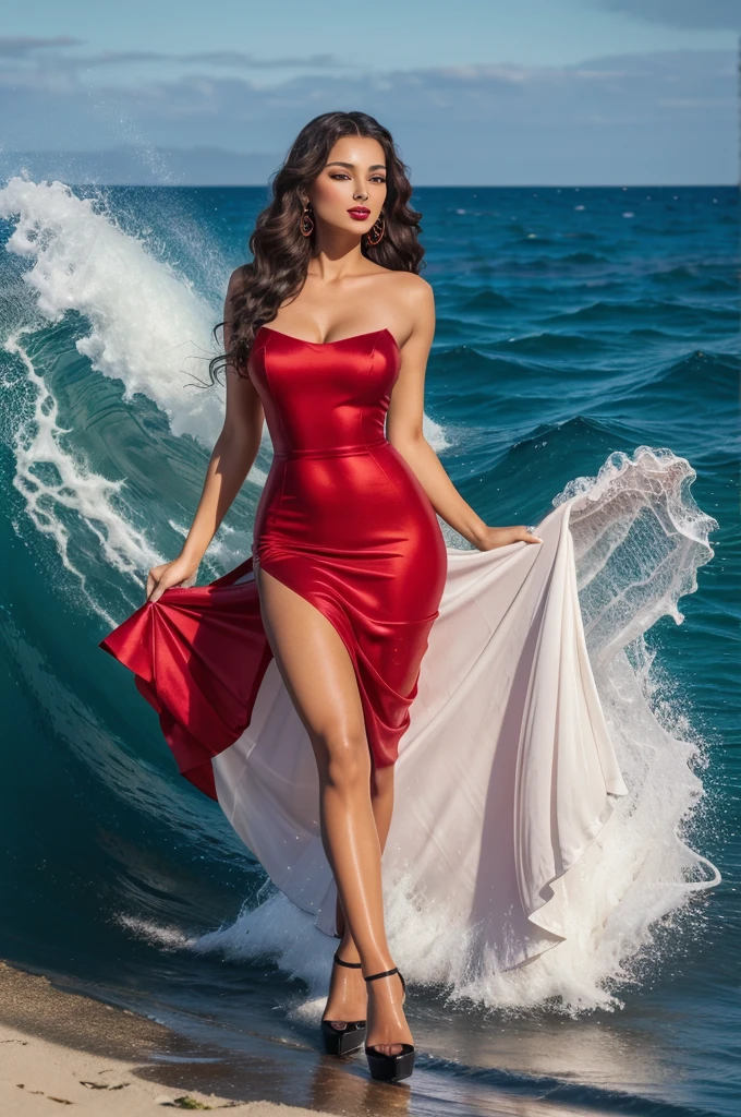 best quality,masterpiece,ultra high resolution,(actual:1.4),original photo,ultra high definition,8K,there is a woman,goddess,fair skin,red lips,Big waves,Exquisite makeup,Red long dress,Black pantyhose,High heel,long legs,Confident, beautiful and generous,temperament