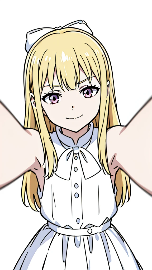(1girl,8 years old,small),blonde hair,long hair, white dress, sleeveless, bow tie, bare shoulders, evil smile,(white background,line drawing),kabedon pov