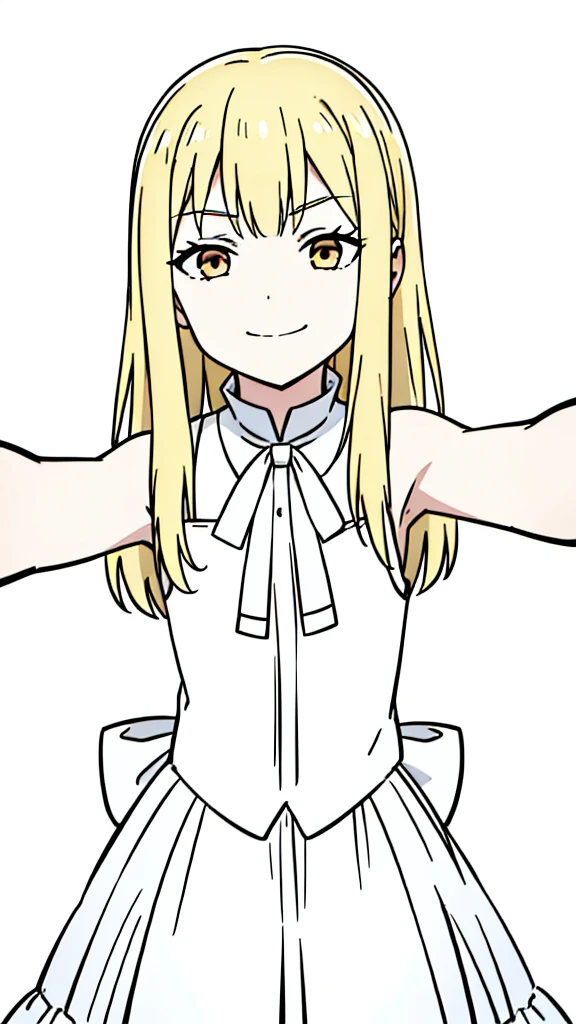 (1girl,8 years old,small),blonde hair,long hair, white dress, sleeveless, bow tie, bare shoulders, evil smile,(white background,line drawing),kabedon pov