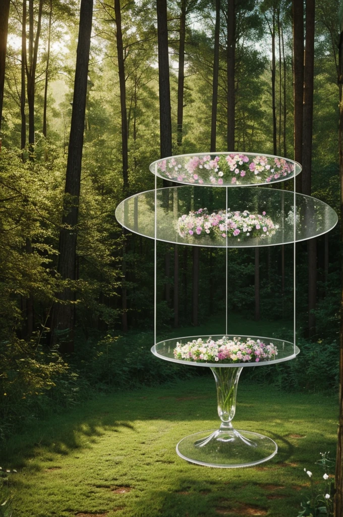 a vase of flowers standing on a transparent round table in the foreground, in a forest with trees and bushes with a path to the left of the table leading into the forest