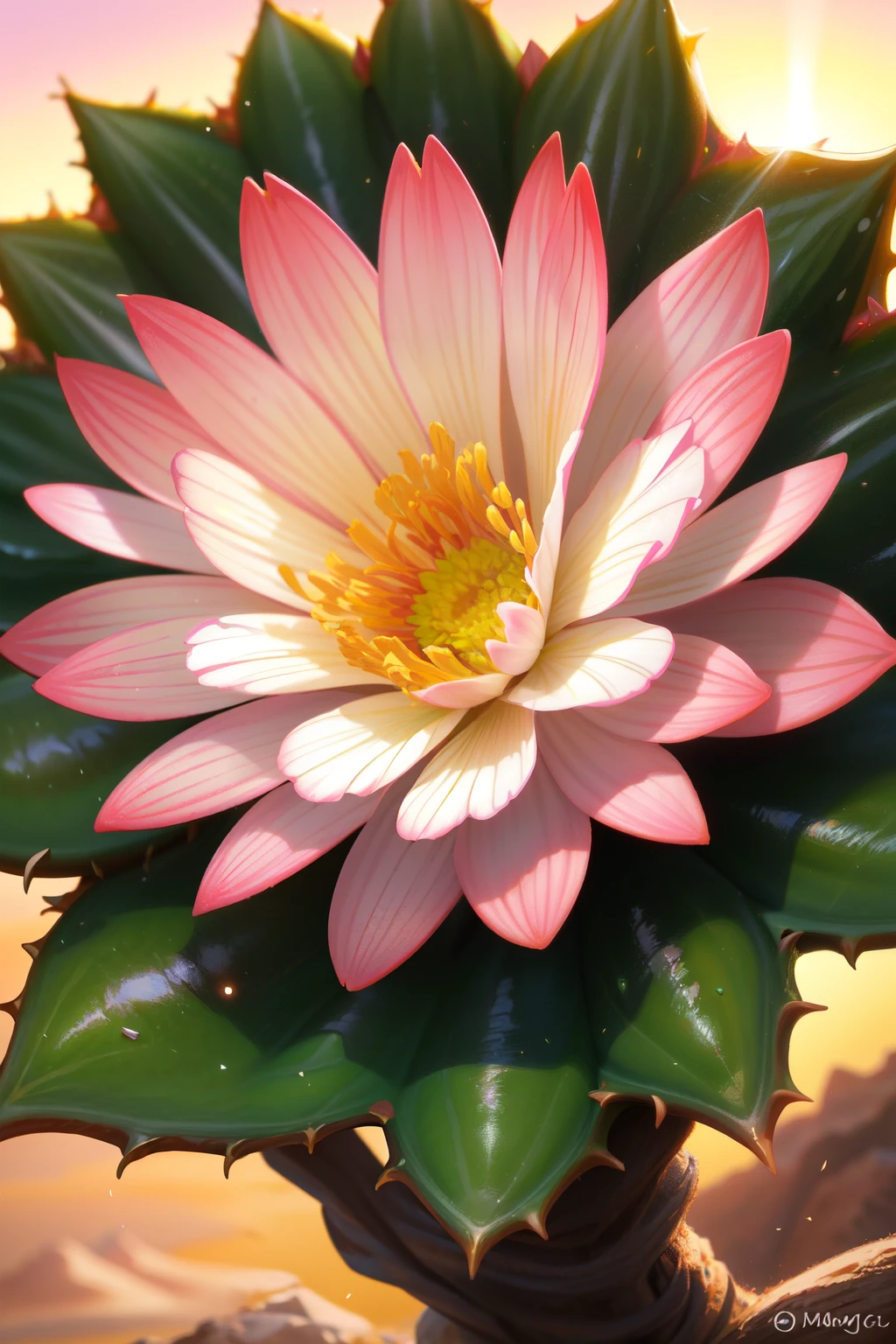 A strikingly alluring cactus bloom (cactus flower of beauty - s2)
Masterpiece, best quality, 1 flower, intricate petals, vibrant hues, sunset tones, extreme close-up, Macro photography, studio lighting, detailed texture, soft focus, physically-based rendering, desert setting, sandy background, sunglow, barren landscape, full frame, cactus species unknown, overnight bloom, delicate beauty, desert pearl, emerging from barrenness, showcasing the resilience of nature.
