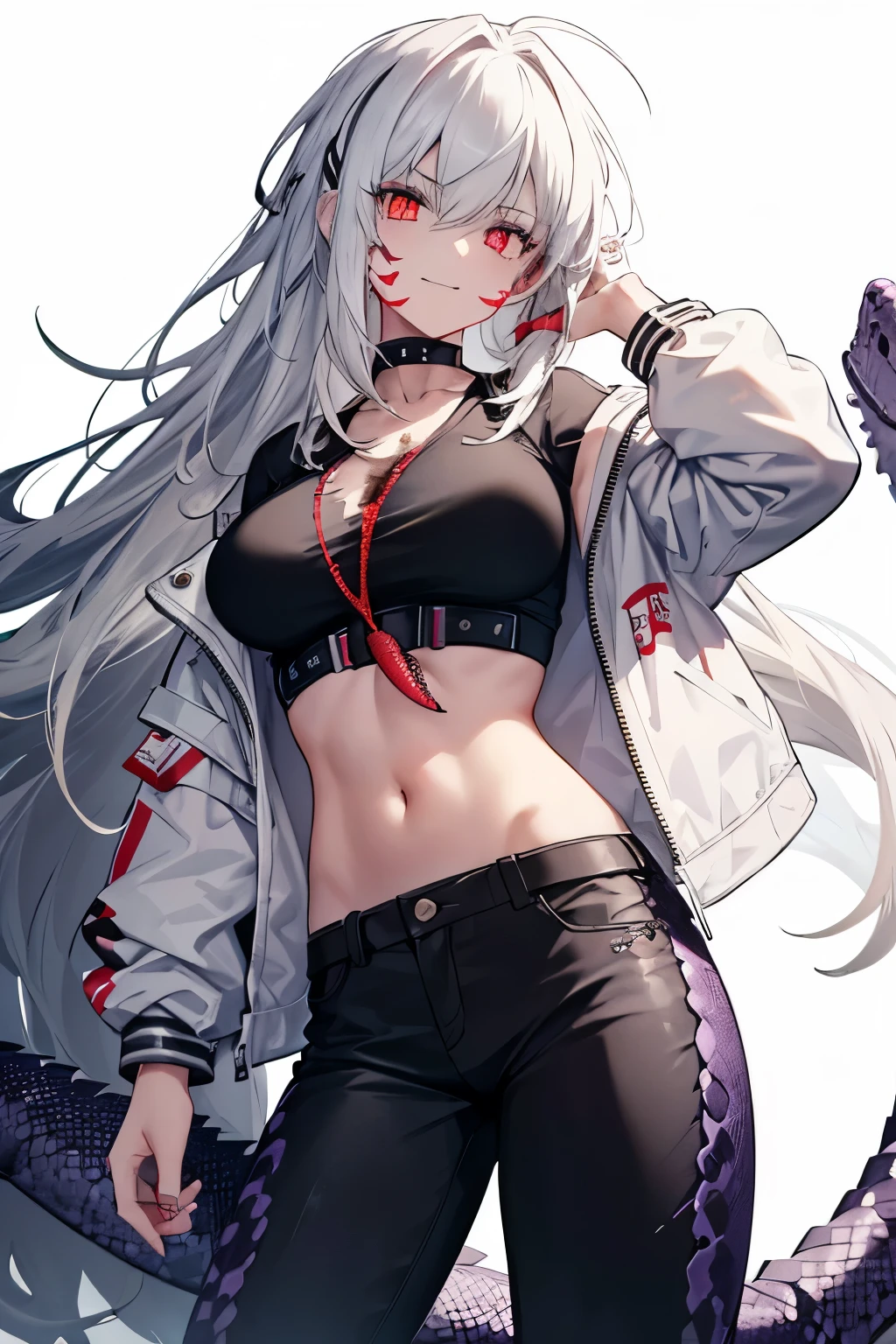 1girl, big breasts, modern torn clothes, dark gray t-shirt, visible abdomen and navel, white jacket, dark gray pants, long hair, white hair, messy hair, spiked hair, red eyes, pointed teeth. (((reptile eyes), (reptile tail) )), black choker on neck, (facial marking), red facial marking, evil smile