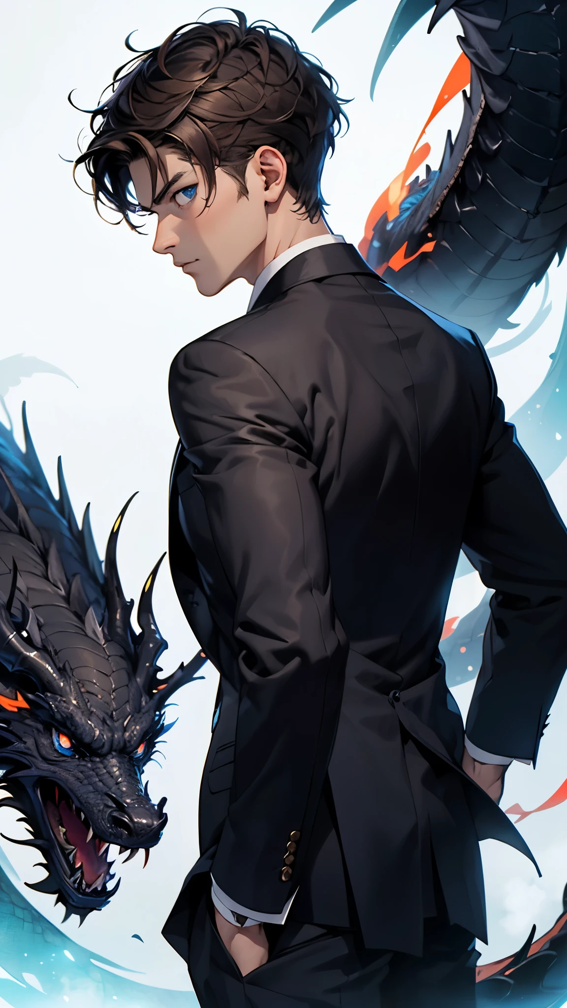 portrait. Half body.look back. A young man in a suit has his back to the camera. handsome,Dark portrait. 8K quality., Raw Work, (brown hair),(blue eyes), (Black suit), (background: great black dragon)