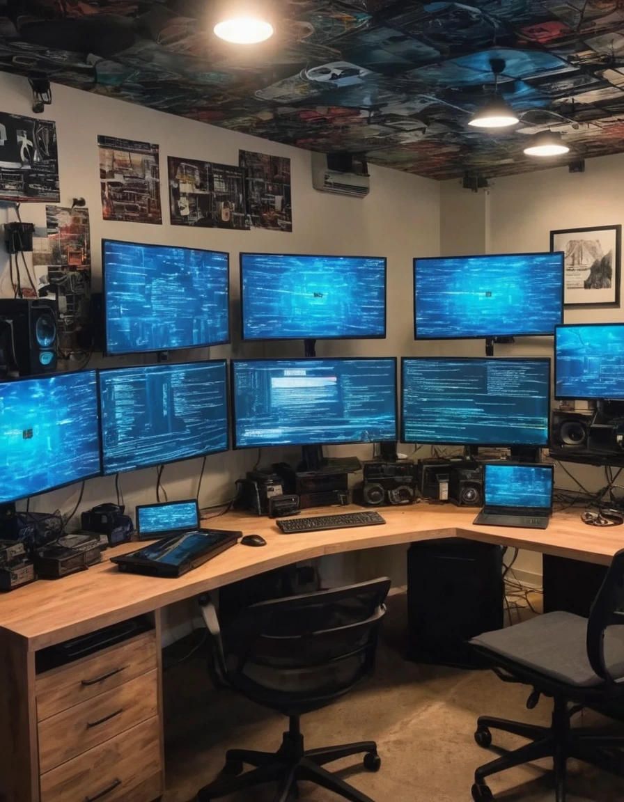 A high-tech hacker den filled with computer screens, servers, and futuristic gadgets, reflecting the digital world of hacktivism.