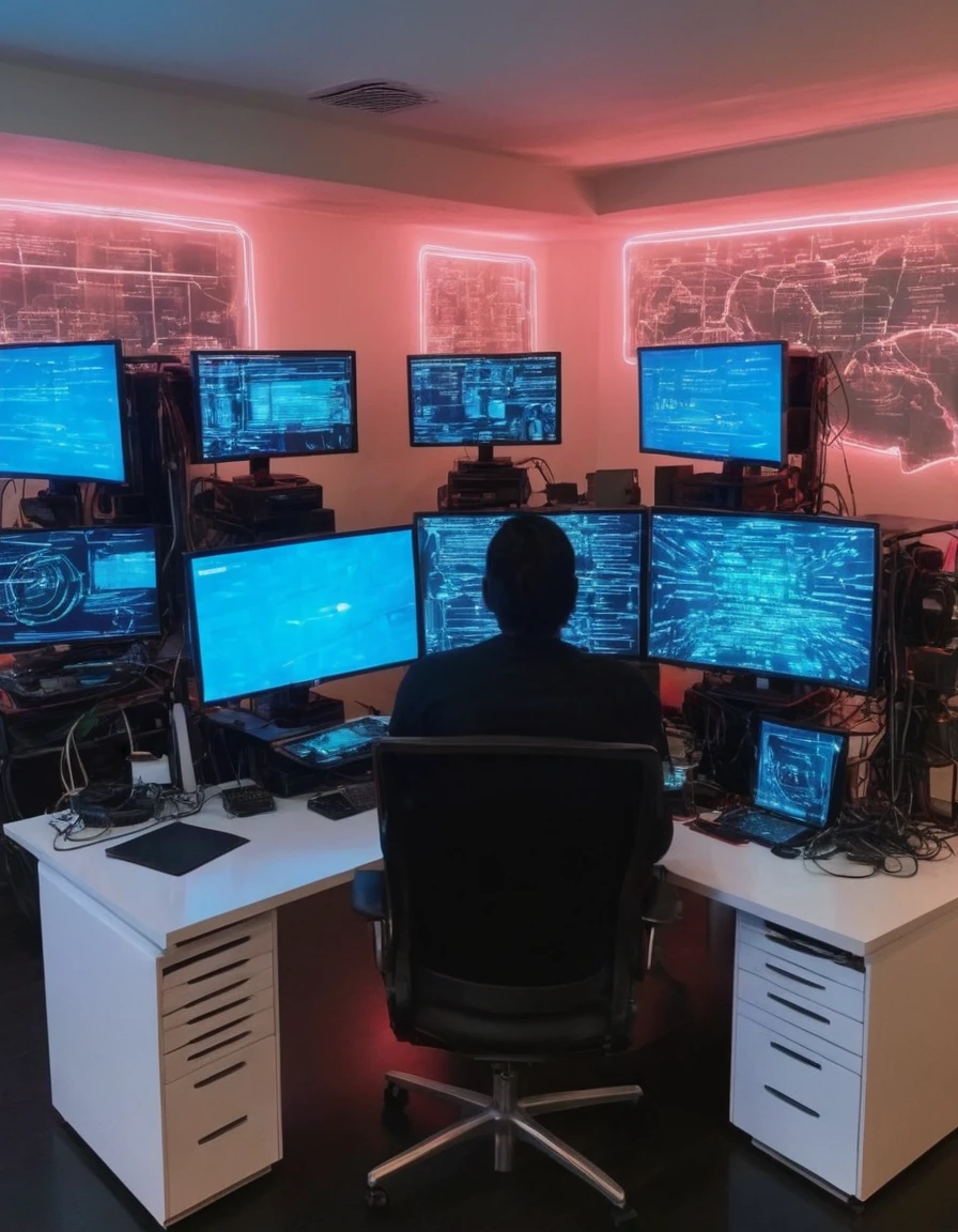 A high-tech hacker den filled with computer screens, servers, and futuristic gadgets, reflecting the digital world of hacktivism.