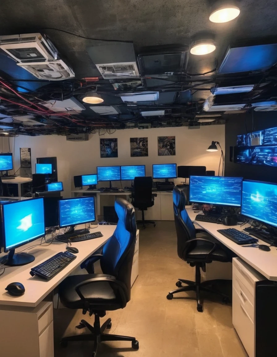 A high-tech hacker den filled with computer screens, servers, and futuristic gadgets, reflecting the digital world of hacktivism.
