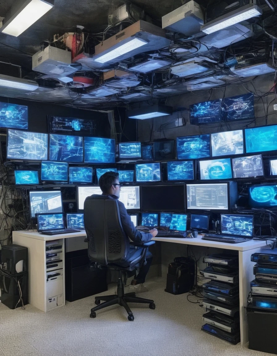 A high-tech hacker den filled with computer screens, servers, and futuristic gadgets, reflecting the digital world of hacktivism.
