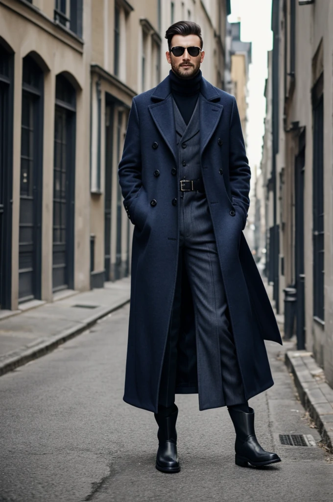 Image of man with very long coat, Carreaux pants, cheveux longs et bottes très hautes.