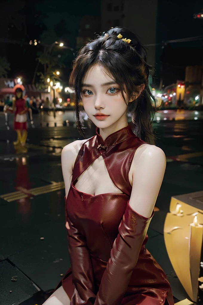 (RAW photo, best quality), (realistic, photo-realistic:1.3), best quality, highly detailed, masterpiece, ultra-detailed, illustration, Cute girl with short black hair, (ponytail), (city roof at night background), low light , green eyes , dark eyeliner, innocent smile, gorgeous face , super cute, 18 years old , young looking, hyper detailed face, dark eyeliner, (medium breast), (thin waist), (bare shoulders, (bare hips), red silk mini dress with yellow flower decoration, qipao, deep black leather thigh high boots, red silk long sleeve gloves with yellow flower decorations