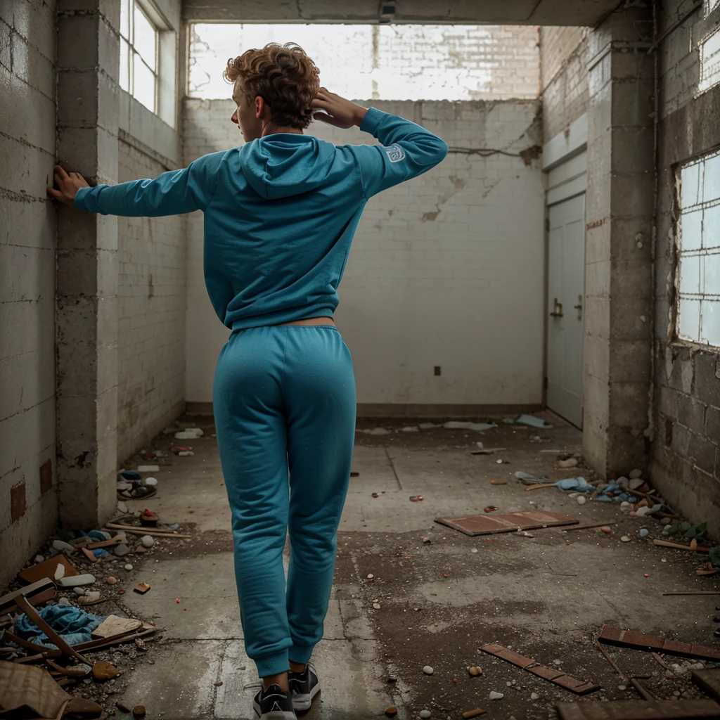 A young boy in light blue tracksuit sweatpants from behind, Sexy pose, Bent
forward, Looks worried and concerned, Young, Teennger hair, Curly hair, Dark green eyes, Tan skin, Freckles, Slender body, Plump booty, Round booty, booty, Sexy booty, Plump
ass, ass Sexy ass, Young boy, Teen boymboy, Twink, Tracksuit boy, Solo 1 boy, In an old
abandoned laboratory, Abandoned, Scary, Brick Walls, Laboratory, Ultra-detailed, Best quality,
Ultra-realistic, High quality