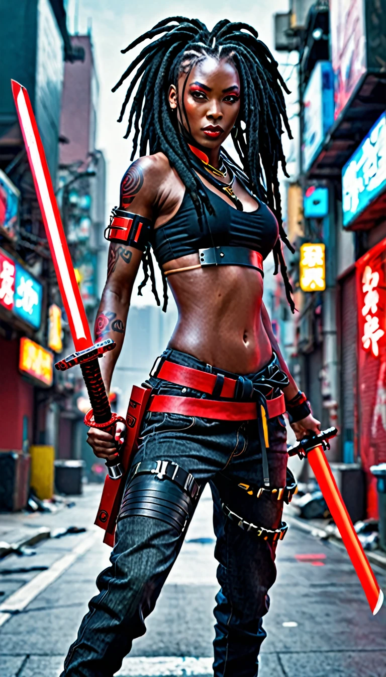 score_9, score_8_up, score_7_up, 1 beautyful woman, african skin, big black dreads hair, red cybernetic arms, black cropped, holding red katana, fighting, strong body, tall, black jeans, cyberpunk city background, full body