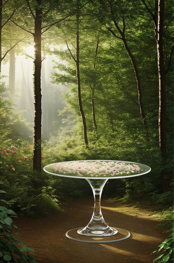 drawing of a vase of flowers standing on a transparent round table in the foreground, in a forest with trees and bushes with a path to the left of the table leading into the forest