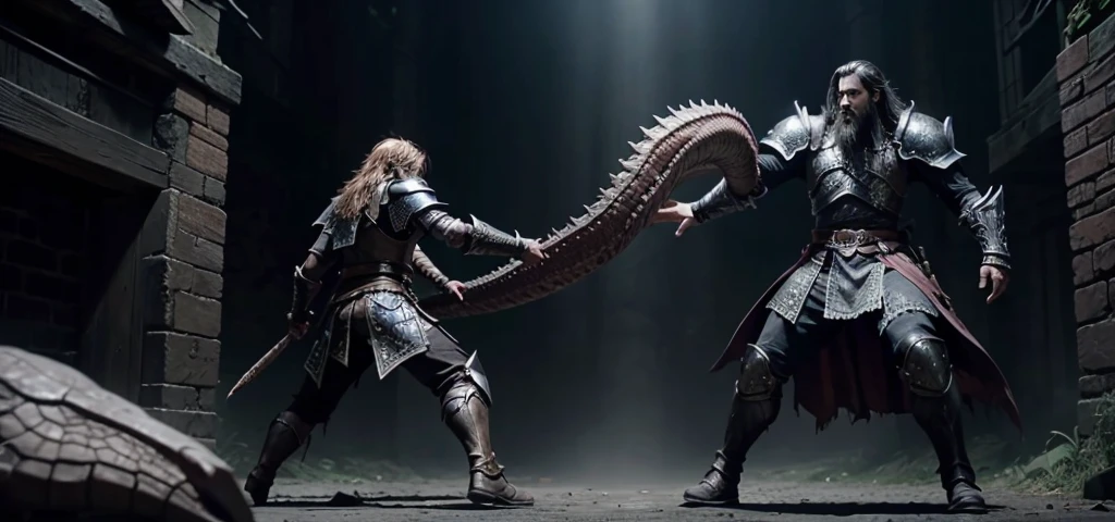 a screenshot of a Playstation 2 graphic dark fantasy video game, a full body dark fantasy warrior with shoulder-length hair and short beard wearing a armor, is on his back fighting a Big serpent monster