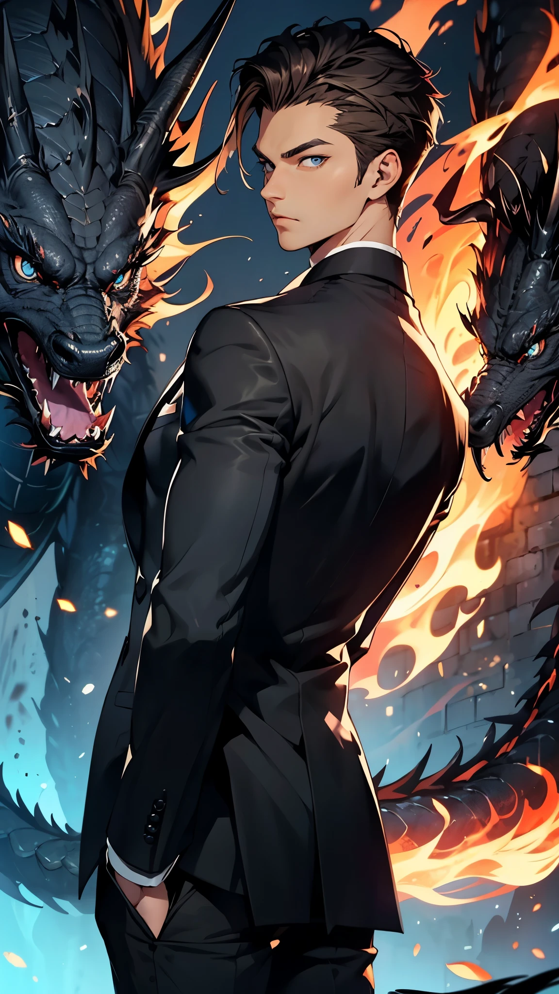 portrait. Half body.look back. A young man in a suit has his back to the camera. handsome,Dark portrait. 8K quality., Raw Work, (brown hair),(blue eyes), (Black suit), (background: great black dragon)
