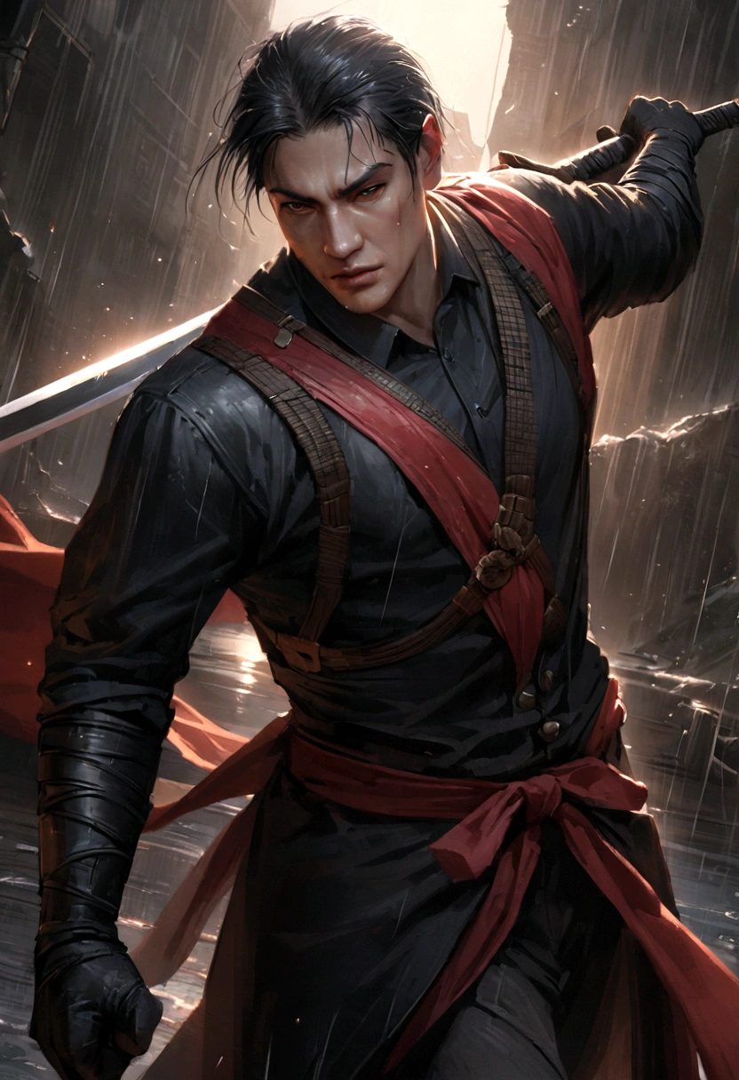 Make me a ninja man holding a sword full of blood and rain falling on 2D realistic man
