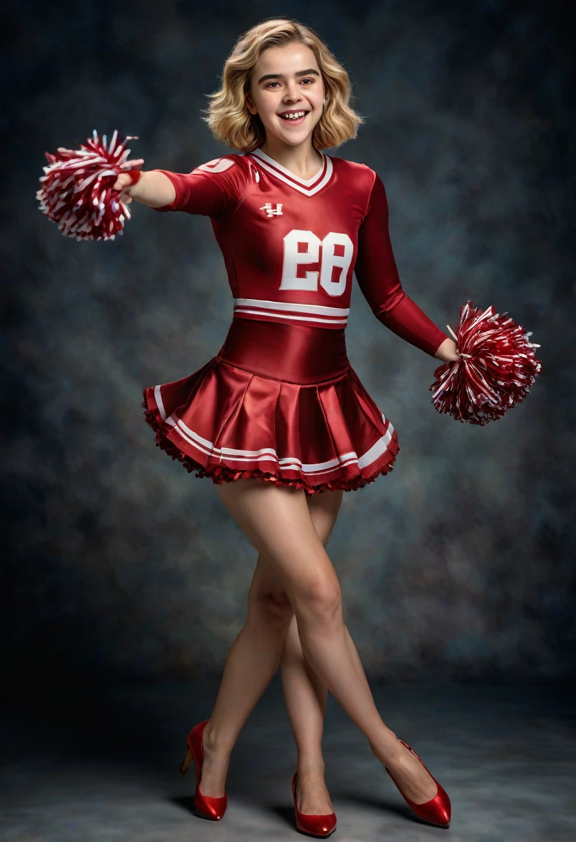 1girl, Kiernan Shipka, full length portrait, University of Oklahoma cheerleader uniform, sheer shimmering silky shiny tan pantyhose by L'eggs, 5 inch scarlet high heels, holding pompoms, cheering, studio photo shoot, photorealistic, (best quality,8k,highres,masterpiece:1.2),ultra-detailed,(realistic,photorealistic,photo-realistic:1.37),HDR,UHD,studio lighting,extreme detail description,professional,vivid colors,dramatic lighting,dynamic pose