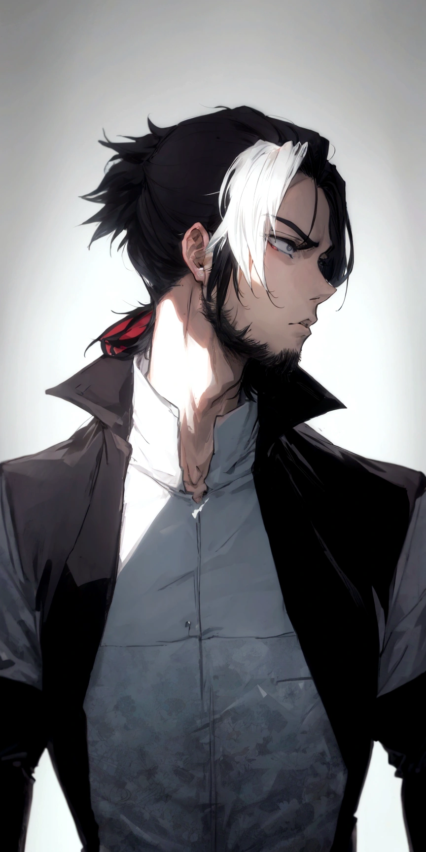 anime guy with white and black hair, black jacket, head facing forward, handsome man anime, male anime style, trigger anime art style, anime portrait of a handsome man, kentaro miura art style, anime style very modern, manga art style kentaro miura, kazuma kaneko, male anime character, anime style”, anime style character, 2d anime style