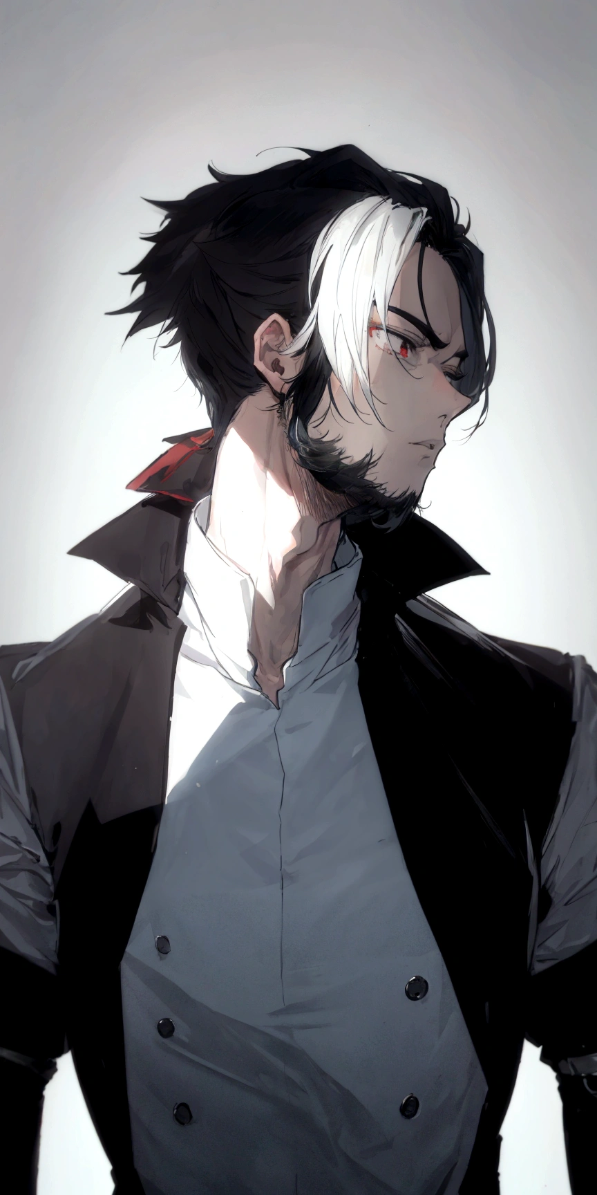 anime guy with white and black hair, black jacket, head facing forward, handsome man anime, male anime style, trigger anime art style, anime portrait of a handsome man, kentaro miura art style, anime style very modern, manga art style kentaro miura, kazuma kaneko, male anime character, anime style”, anime style character, 2d anime style