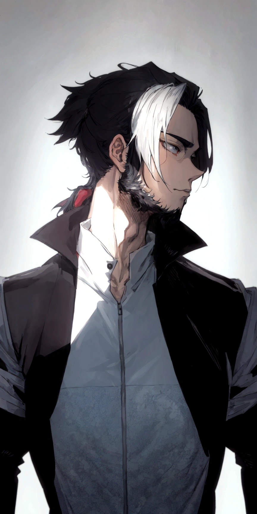 anime guy with white and black hair, black jacket, head facing forward, handsome man anime, male anime style, trigger anime art style, anime portrait of a handsome man, kentaro miura art style, anime style very modern, manga art style kentaro miura, kazuma kaneko, male anime character, anime style”, anime style character, 2d anime style