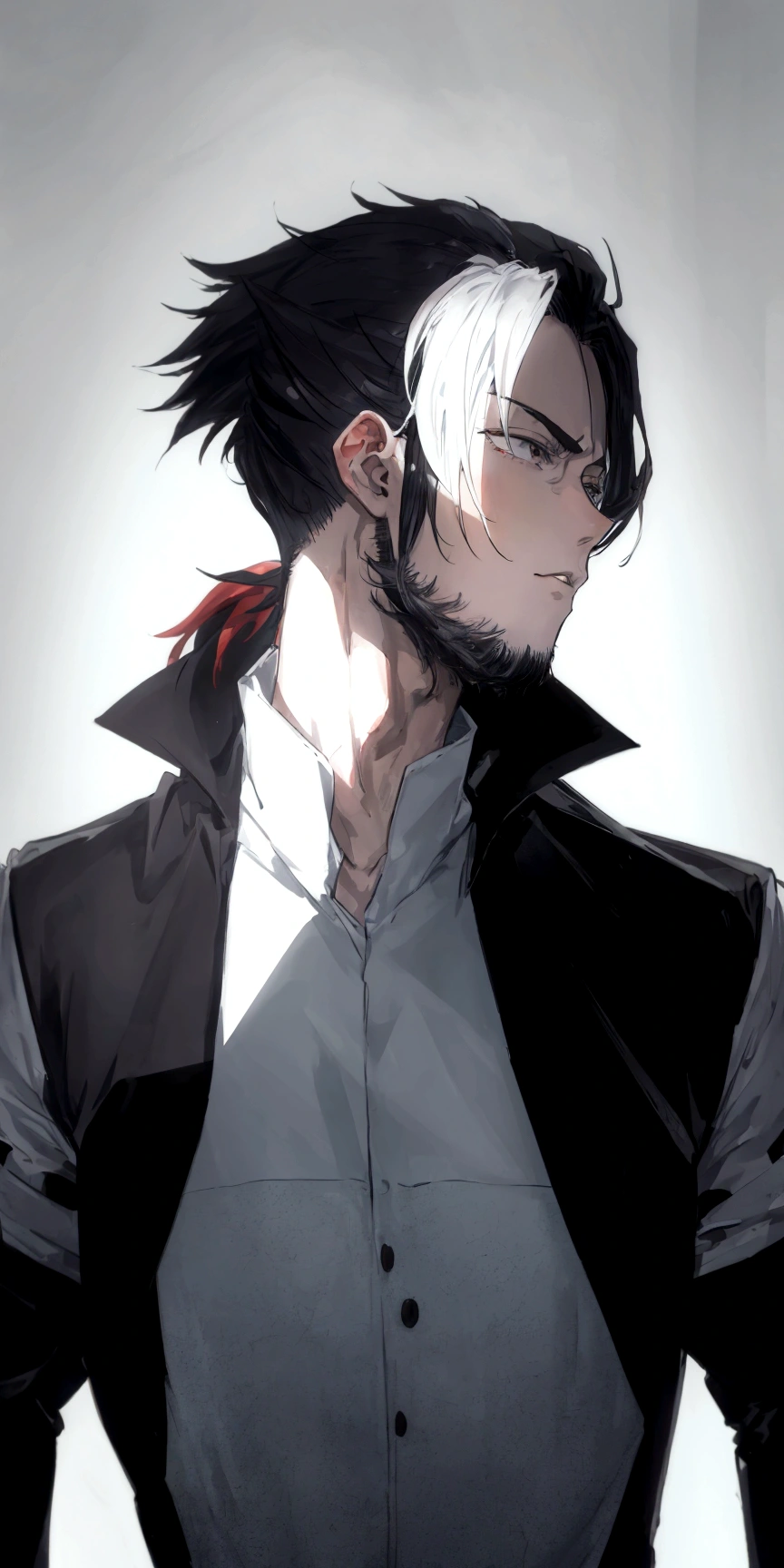 anime guy with white and black hair, black jacket, head facing forward, handsome man anime, male anime style, trigger anime art style, anime portrait of a handsome man, kentaro miura art style, anime style very modern, manga art style kentaro miura, kazuma kaneko, male anime character, anime style”, anime style character, 2d anime style