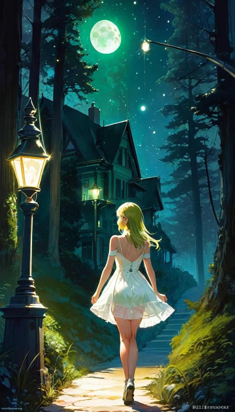 {green and white theme, fantasy world}, 1 sexy girl, alone, alone, white lace dress, looking back, walking in the forest, house, tree, street lamp, moon, starry sky, bright, star\(symbol\ ), pixie, pixiv art, masterpiece, best quality, ultra detailed, whitetown (art inspired by Bill Sienkiewicz). oil painting)
