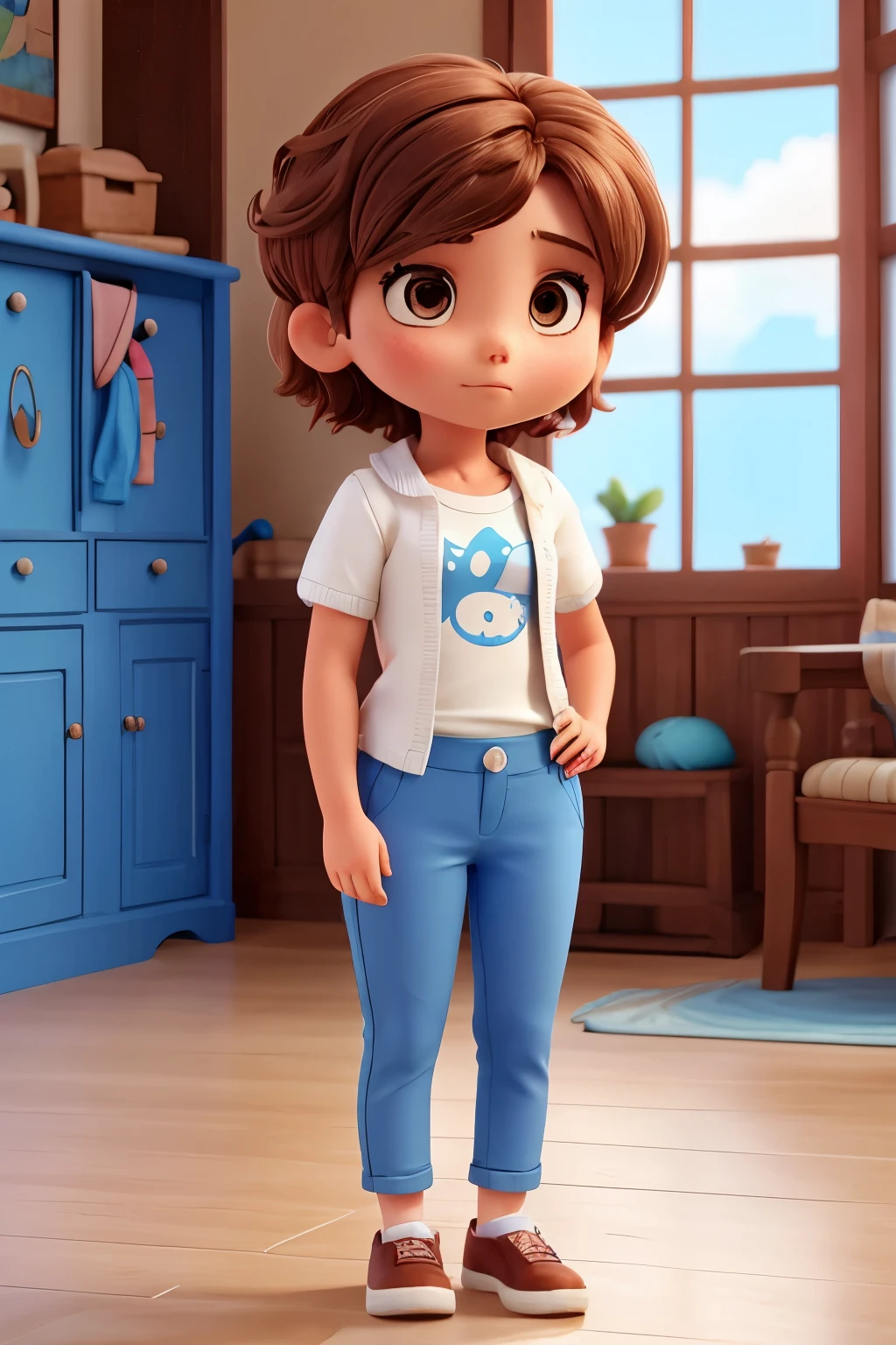 A girl with short hair, su cabello de color rubio cobrizo, de piel morena clara, con blusa azul marino, blue pants and he is sad 