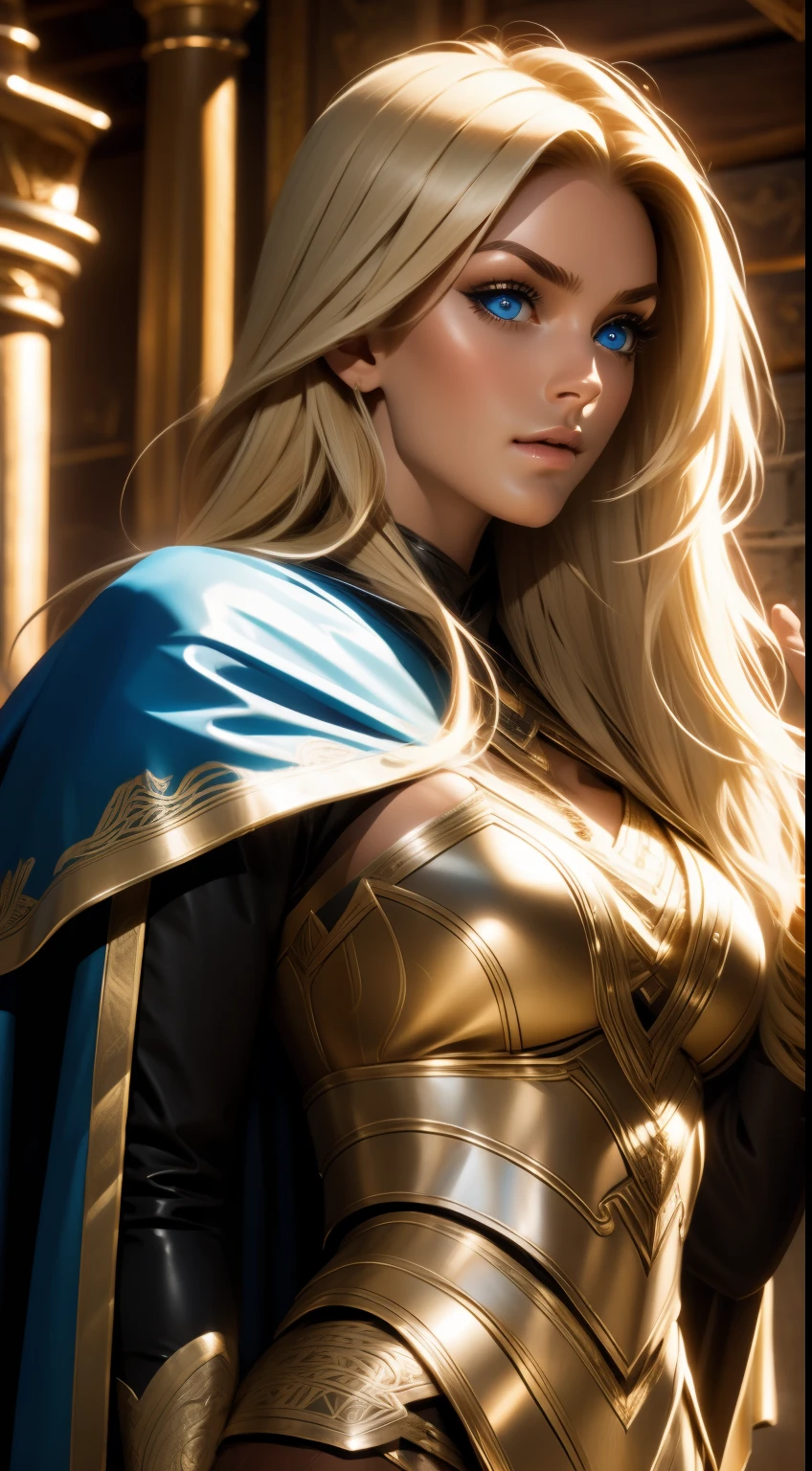 Gorgeous Woman, Valkyrie, Long blonde hair, blue eyes, detailed facial features, proportional hands, proportional fingers, leather armor, fur cape, viking ship,
