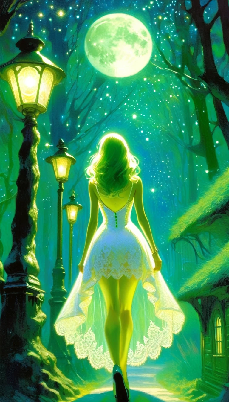 {green and white theme, fantasy world}, 1 sexy girl, alone, alone, white lace dress, looking back, walking in the forest, house, tree, street lamp, moon, starry sky, bright, star\(symbol\ ), pixie, pixiv art, masterpiece, best quality, ultra detailed, whitetown (art inspired by Bill Sienkiewicz). oil painting)