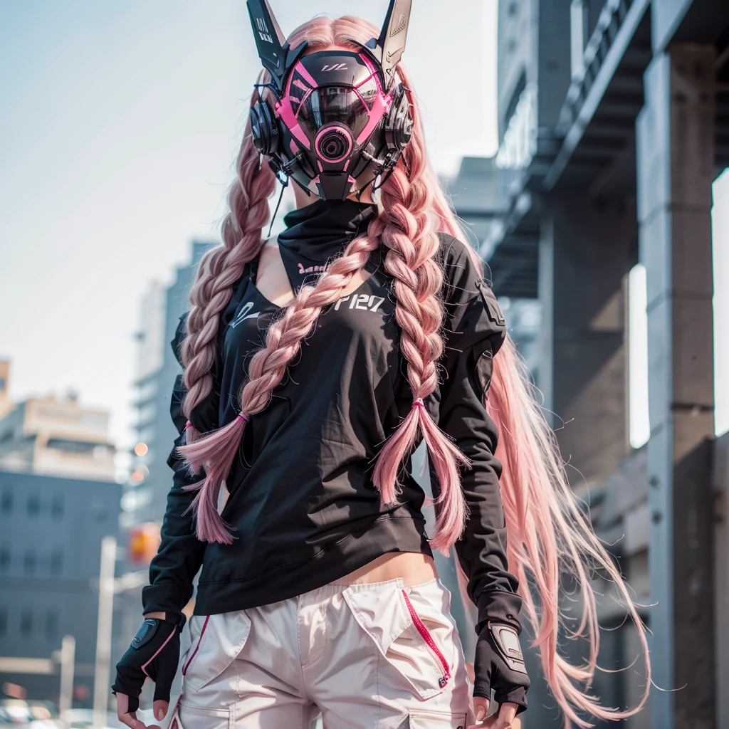 1girl, long pink braided hair, cyber helmet, sexy black tank top, cyber body, white cargo pants, mouth mask, covered mouth, pale skin, Blur background, 8K, Hi-Res