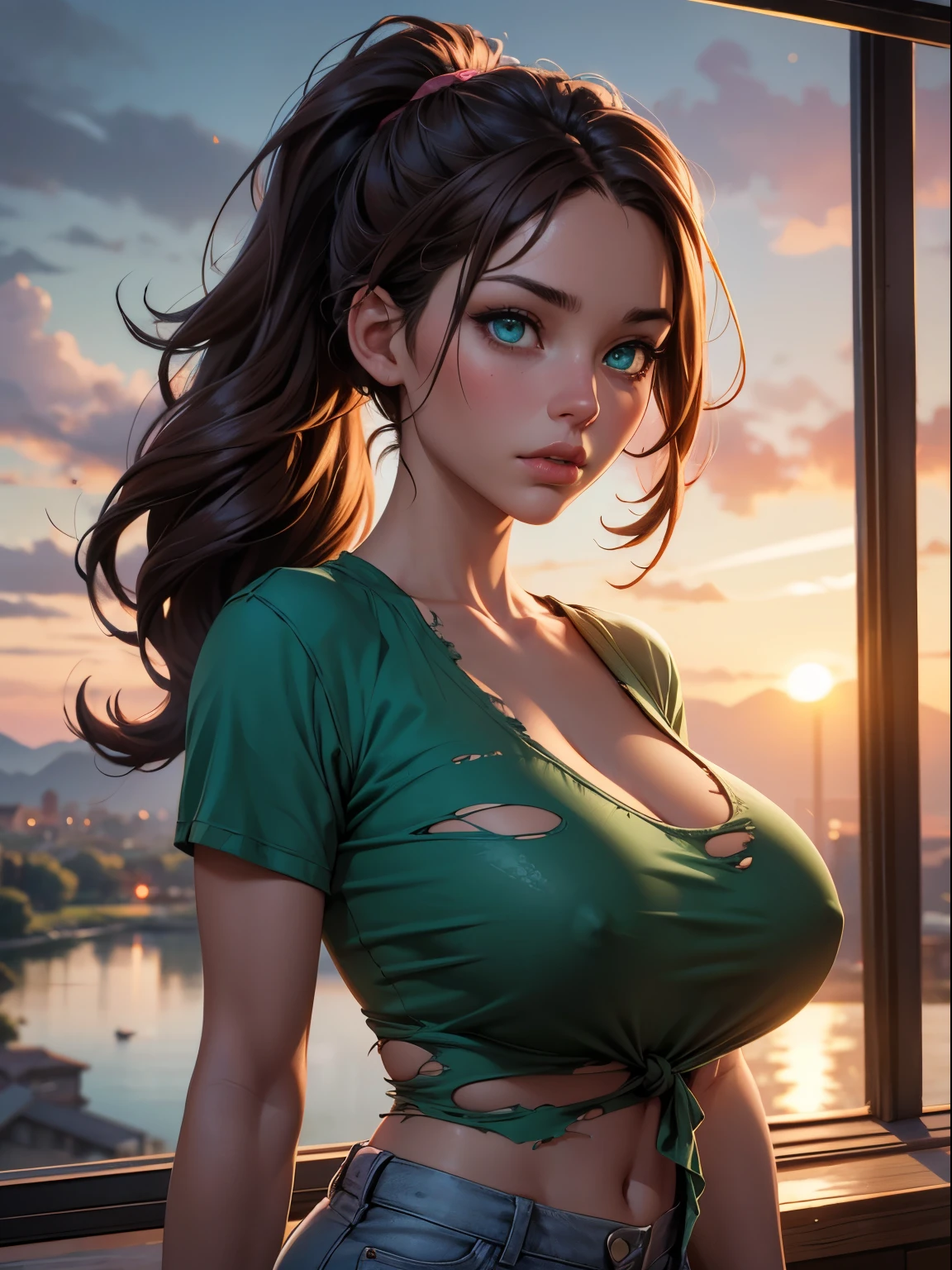 best quality,12k ultra HD,photorealistic,realistic,dramatic lighting,sunset,beautiful,detailed eyes,detailed lips,ragged brown hair, pony tail,green eyes ,tareme, big , long hair,tanned skin, pink torn top, torn shorts ,gigantic breasts,woman,portrait,studio lighting,vivid colors,bokeh,physically-based rendering,sony a7 iv,landscape photography