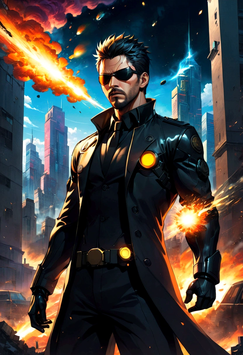 source_anime, 1boy, Adam Jensen, soldier, "Deus Ex", covered eyes, eye patch, weapon, explosion, city, solo, male focus, anime screenshot, source_anime, dramatic composition, cinematic dynamic action scene, vibrant colors, cinematic lighting, dramatic lighting, best quality, masterpiece, very aesthetic, perfect composition, intricate details, ultra-detailed