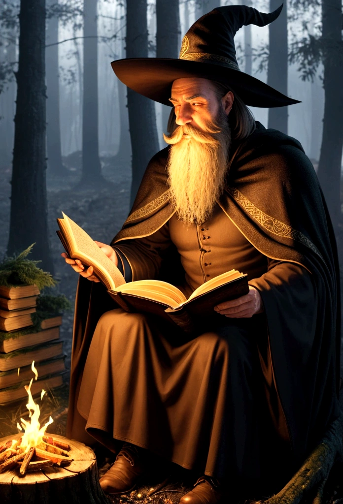create a bearded wizard with a cape and hat in a gloomy forest at dark night reading an old book sitting on a tree trunk lit only by a fire on the ground