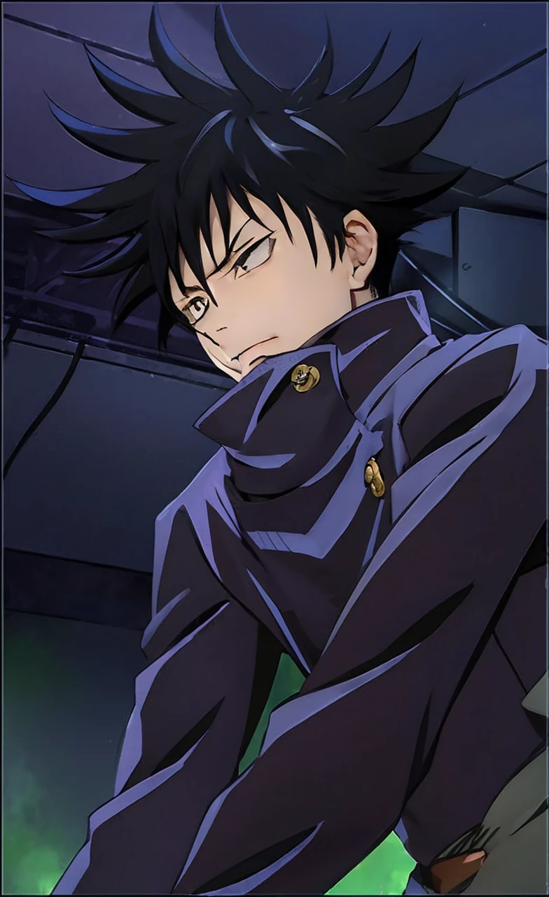 1man, megumi fugishiro in anime jujutsu kaisen, short hair , black hair, black eyes, beautiful eyes, handsome, smile, black clothes, realistic clothes, detail clothes, outdoor, ultra detail, realistic