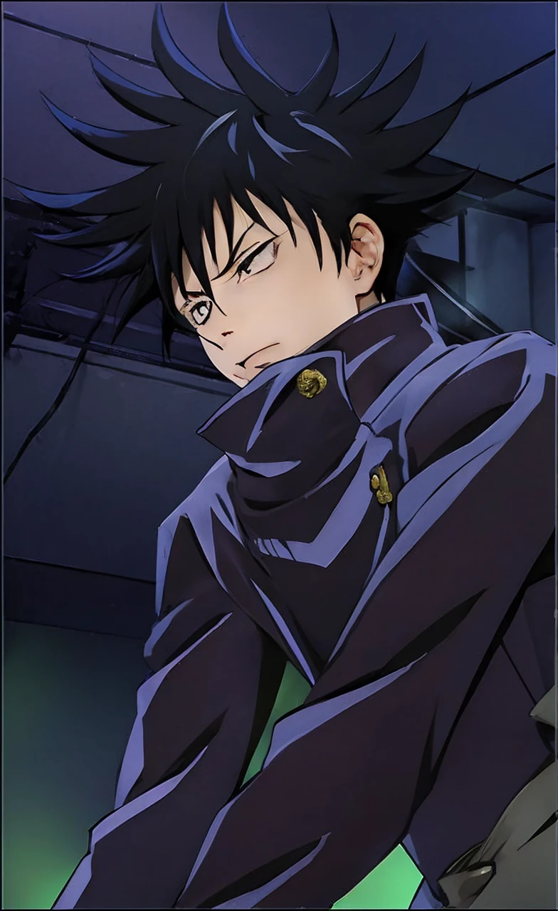1man, megumi fugishiro in anime jujutsu kaisen, short hair , black hair, black eyes, beautiful eyes, handsome, smile, black clothes, realistic clothes, detail clothes, outdoor, ultra detail, realistic