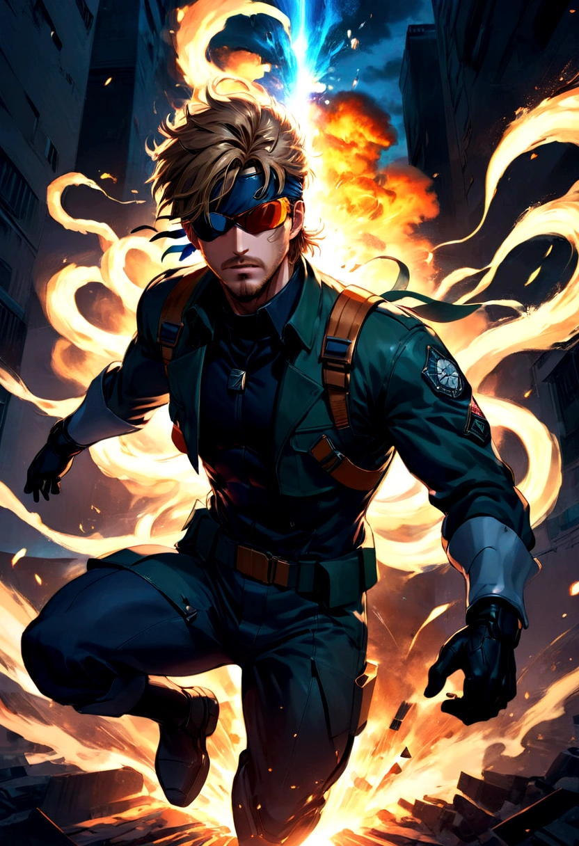 source_anime, 1boy, named "Snake", soldier, "Metal Gear Solid", covered eyes, one eye patch, jumping, explosion, solo, male focus, anime screenshot, source_anime, dramatic composition, cinematic dynamic action scene, vibrant colors, cinematic lighting, dramatic lighting, best quality, masterpiece, very aesthetic, perfect composition, intricate details, ultra-detailed
