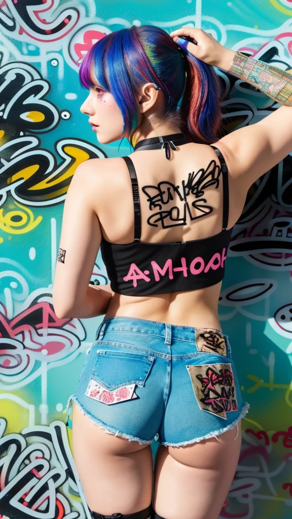 masterpiece, best quality, (extremely detailed CG unity 8k wallpaper, masterpiece, best quality, ultra-detailed, masterpiece, best quality, 1girl, solo, crop top, denim shorts, choker, (graffiti:1.5), paint splatter, arms behind back, against wall, looking at viewer, armband, thigh strap, paint on body, head tilt, bored, multicolored hair, aqua eyes, headset, Tatsumaki,