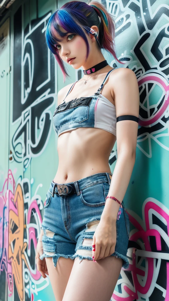 masterpiece, best quality, (extremely detailed CG unity 8k wallpaper, masterpiece, best quality, ultra-detailed, masterpiece, best quality, 1girl, solo, crop top, denim shorts, choker, (graffiti:1.5), paint splatter, arms behind back, against wall, looking at viewer, armband, thigh strap, paint on body, head tilt, bored, multicolored hair, aqua eyes, headset, Tatsumaki,