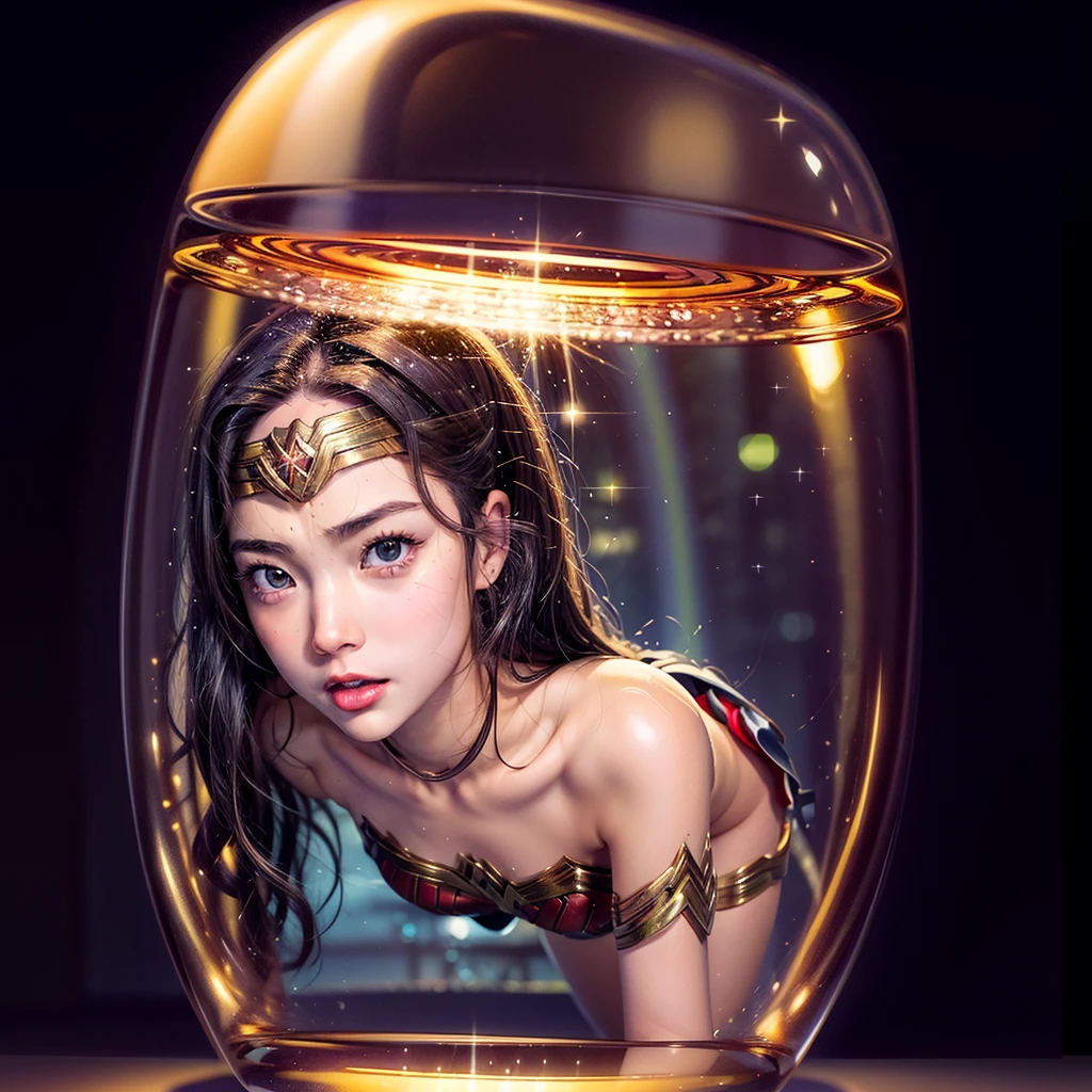 High-level, 8K Masterpiece TopQuality, Ultra-detailed CG, Absurd detailed wallpaper, PerfectLighting, Extremely detailed (((Personifying " Sexy Wonder Woman " as a KAWAII Girl))), Characteristic Items, aesthetic LifeLike Rendering, MysticSight, 
Haze Tyndall Scattering, (Studio GRAY Background with (Oodles Dazzling RainbowColorParticles (BokeH))), (((Assfocus)) RoundlyButts ThighGap),  (Exposed:0.9) NSFW 🔞  BREAK  (Acutance:0.8), (NOGIZAKA FaceVariations) Extremely Detailed very KAWAII FaceVariations, Childish CaptivatingGaze ElaboratePupils Detailed Eyes with (SparklingHighlights:1.28), (Voluminous LongEyelashes:0.88)、Glossy RedLips with beautiful details, CoquettishTongue, RosyCheeks, Radiant PearlSkin with Transparency, Glowing DowneyHair . { (Dynamic LifeLike expressions:1.4) | (:d) }, (large eyes:-1) .in container