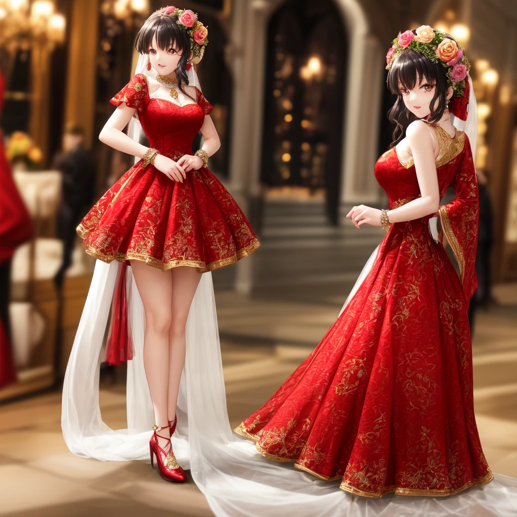 a red dress with floral ornaments, with neat details made of silk, a luxurious dress and good to wear to a wedding,only the dress with hyper realistic anime