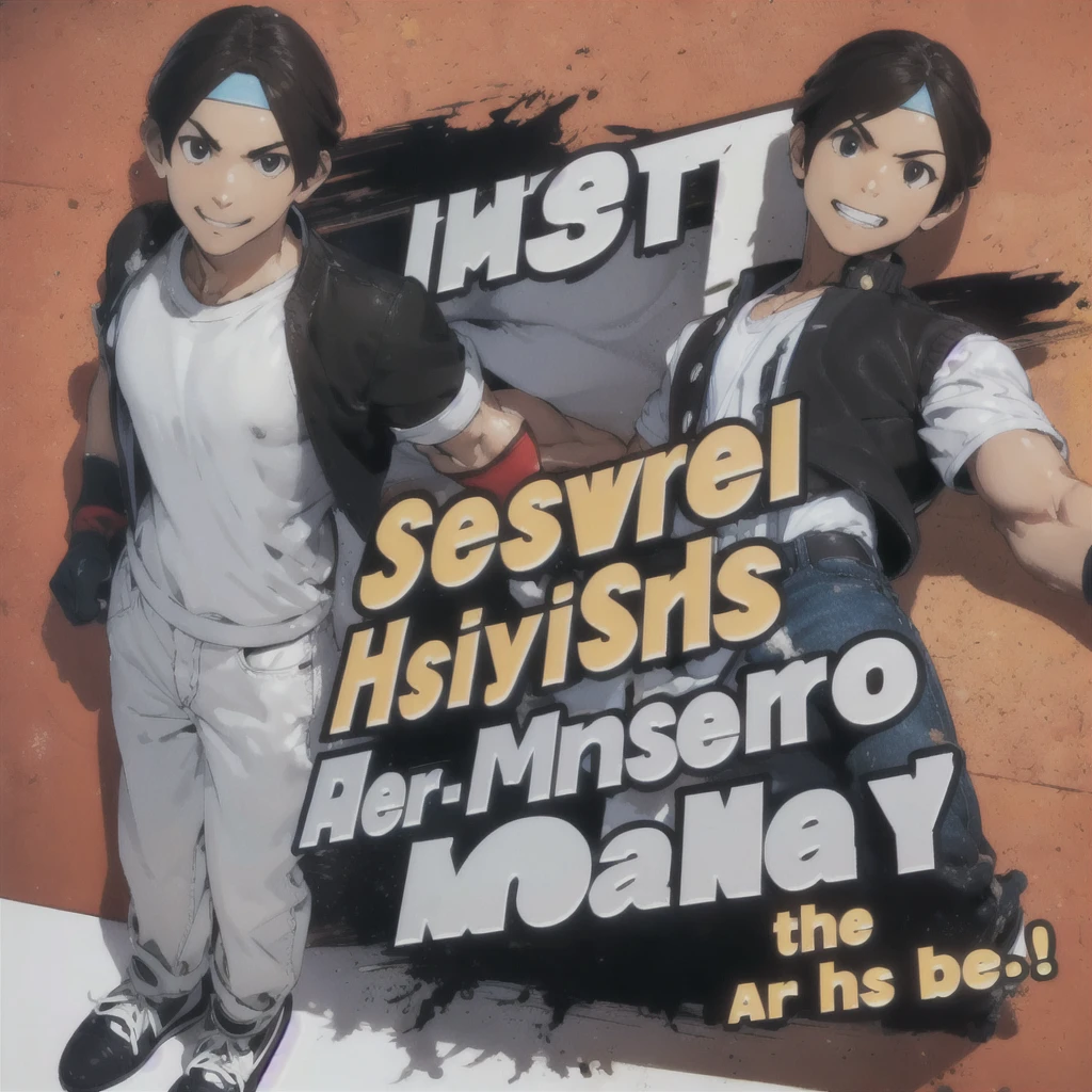Super detailed, masterpiece, Highest quality, alone, SSBUS Plush Art, English text, Dynamic pose, 1 person, alone, Black jacket, Fingerless gloves, White T-shirt, White headband, Black trousers, White shoes, whole body, good looking, charm, masterpiece, High resolution, Detailed face,fine grain, Grin, on the road