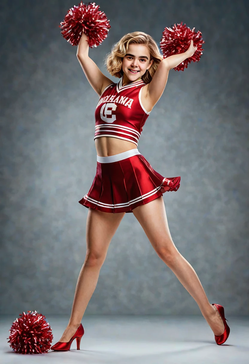 1girl, Kiernan Shipka, full length portrait, University of Oklahoma cheerleader uniform, sheer shimmering silky shiny tan pantyhose by L'eggs, 5 inch scarlet high heels, holding pompoms, cheering, studio photo shoot, photorealistic, (best quality,8k,highres,masterpiece:1.2),ultra-detailed,(realistic,photorealistic,photo-realistic:1.37),HDR,UHD,studio lighting,extreme detail description,professional,vivid colors,dramatic lighting,dynamic pose