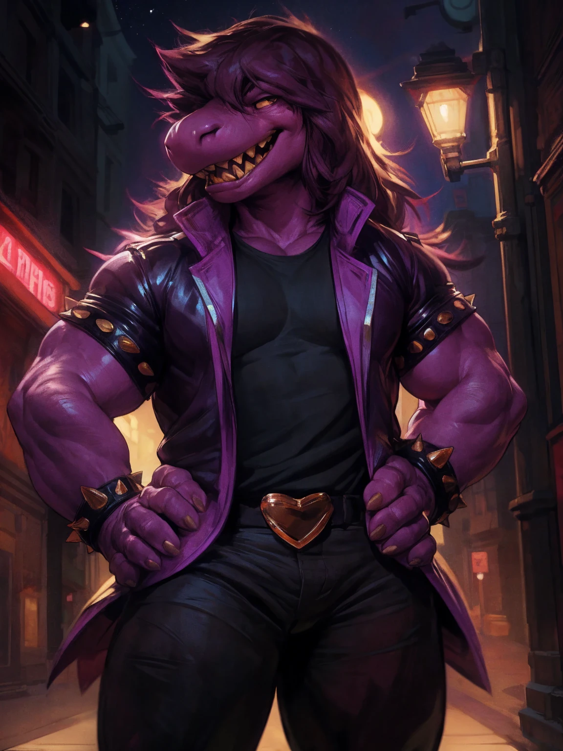 solo, 1girl, susie, susie deltarune, hands on hips, late night, street light, standing upright, laughing, looking at viewer, by darkgem, 