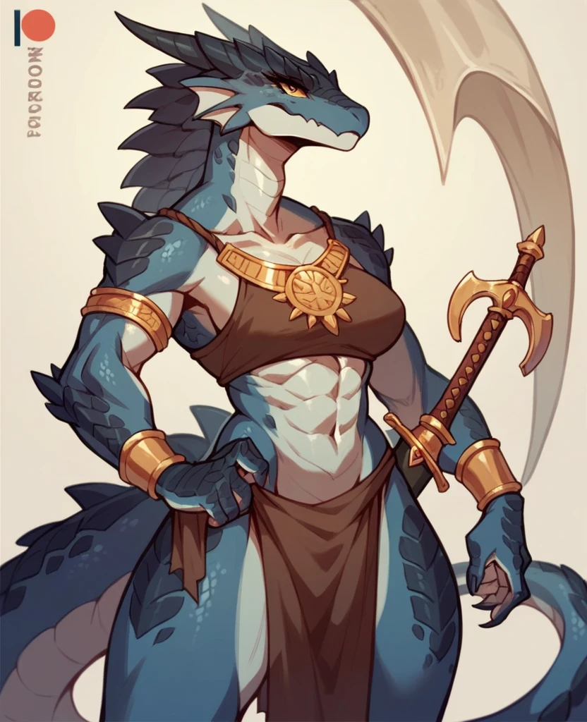 Make a round logo, gold in color, and add a woman holding a sword and scales and the woman's eyes covered with cloth
